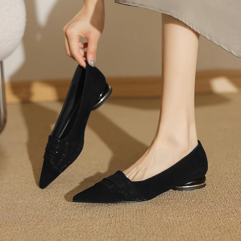 Fashion 2025 New Pointed Toe Shallow Mouth Square Heel Small Suede Shoes Women's Elegant Fashion High Heels Dress Shoes Zapatos Mujer