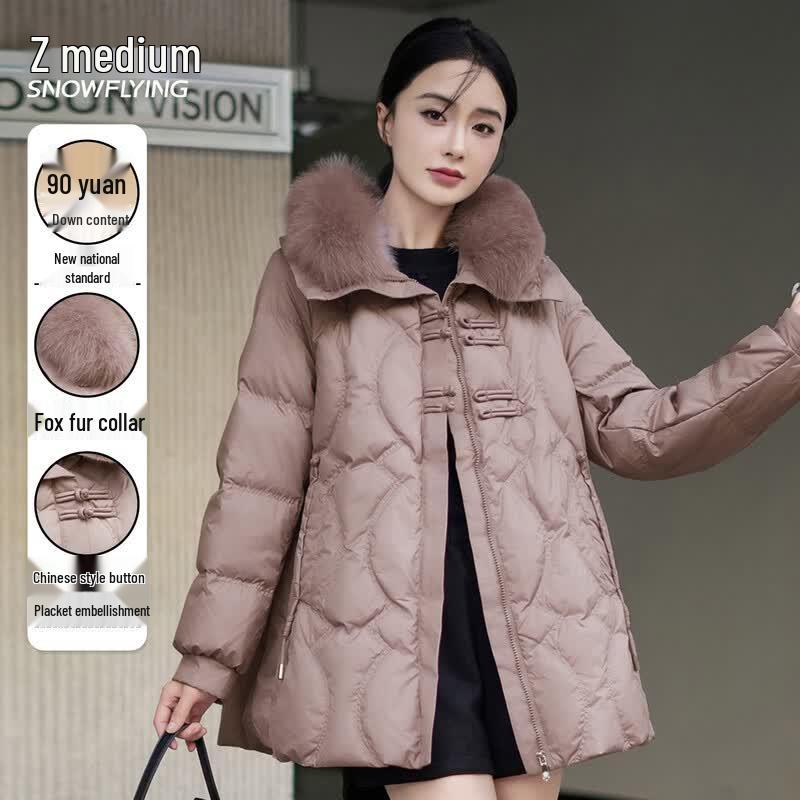 Xuezhongfei Women s Mid-length Duck Down Jacket with Fox Fur Collar 3XL