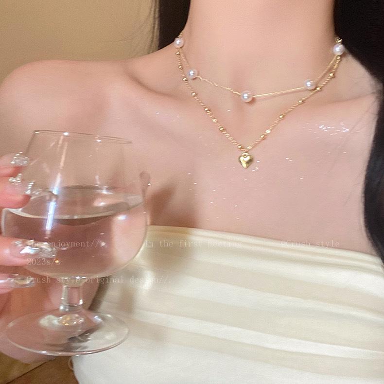 Pearl Love Heart Layered Necklace - Summer French Luxury, Elegant Choker for Women
