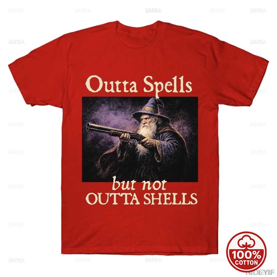 Outta Spells But Not Outta Shells Wizard Graphic Tshirt Fantasy Humor Unisex 100cotton Loose 2026 Summer Sport Short Sleeve Tee