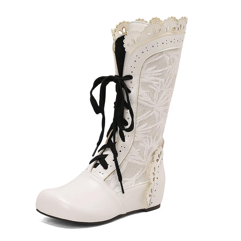 Fashion Women Victorian Boots Calf High Goth Booties Lace Up Cosplay Costume Witch Medieval Renaissance Vintage Shoes