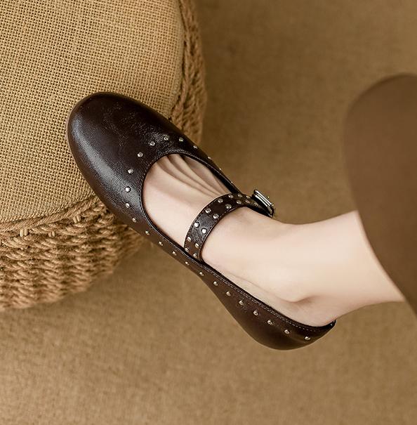 Fashion Rivet Buckle Strap Ballets Shoes Ladies Solid PU Leather Flats Woman Soft Bottom Mary Janes Femme Stud Mocassines Barefoot Shoes