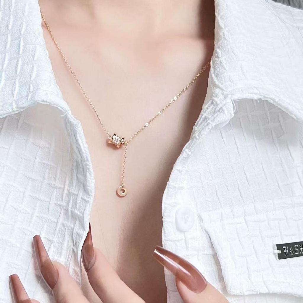 Real Gold-Plated Necklace with Diamond Inlay and Tassel - Women's Japanese Korean Light Luxury Clavicle Accessory