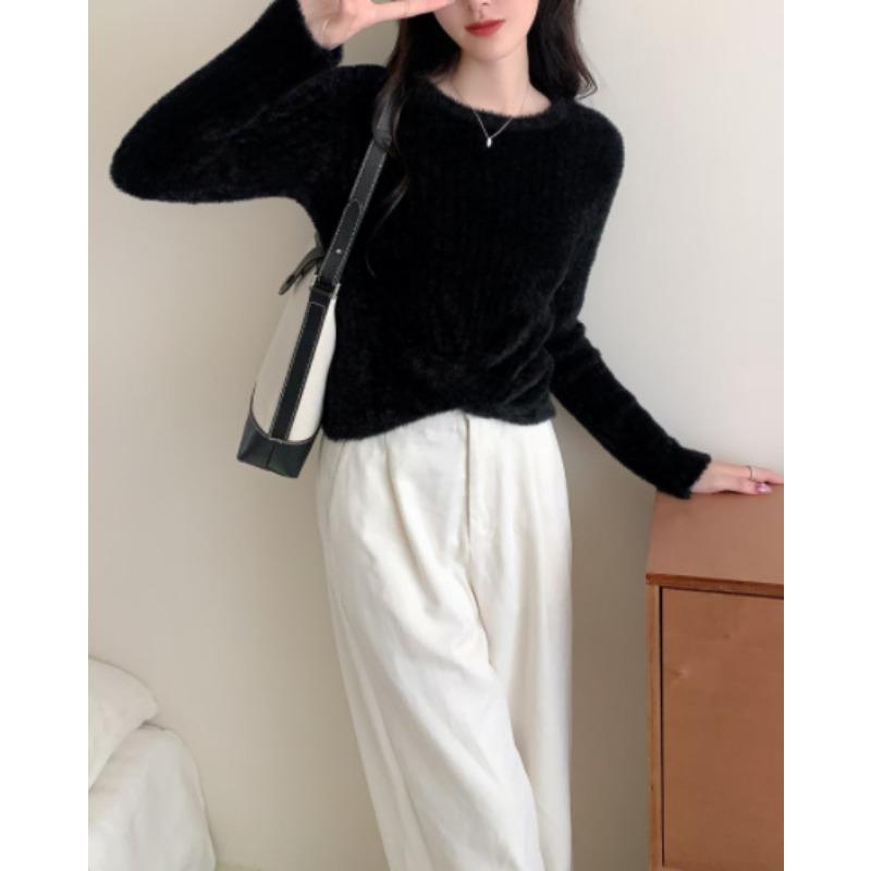 Autumn and winter new fashion kink crew neck knitted pullover sweater women's versatile solid color sweet and thin knitted top women