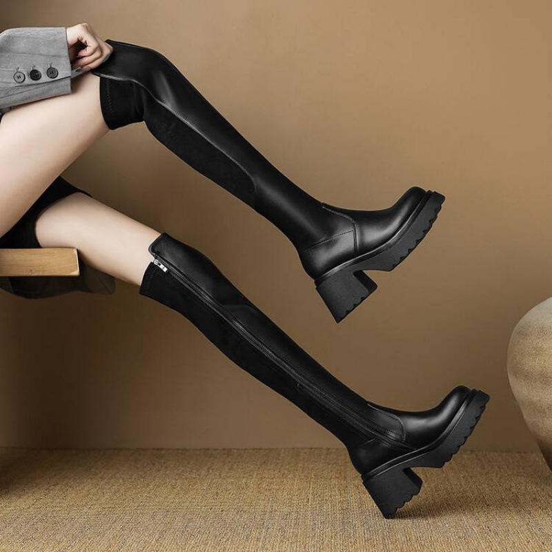 Korean version suede high-heeled large-size women's boots comfortable side zipper solid color square-heeled thick-soled leather boots non-slip autum