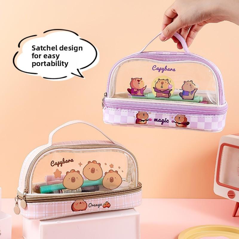 Capybara Pen Case Transparent Dual Layer Storage For School Students