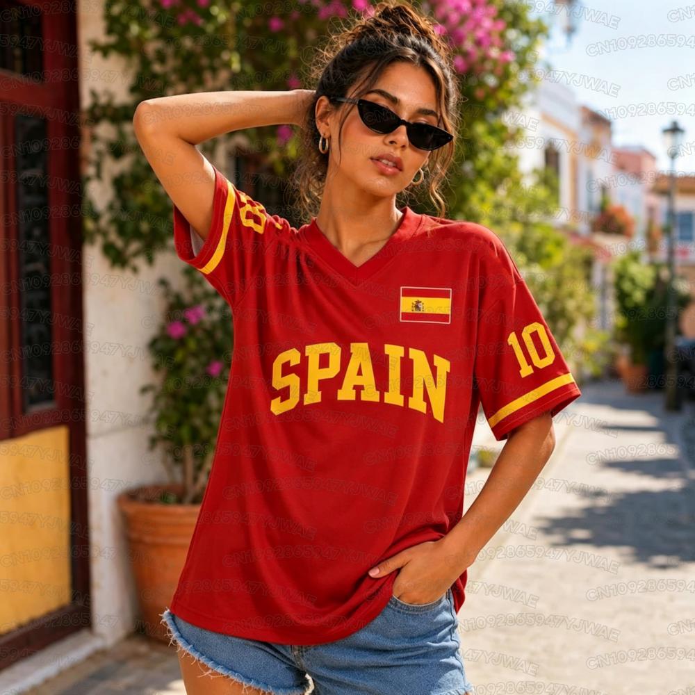Summer Women's Men's Spain Print V-Neck Short Sleeve T-Shirt Graphic Tee Jerseys Plus Size Sport T-Shirt Soccer Fans