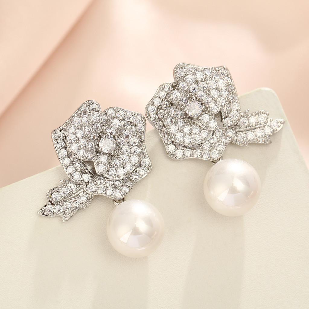 Geometric Pearl Drop Earrings With Cubic Zirconia For Elegant Women