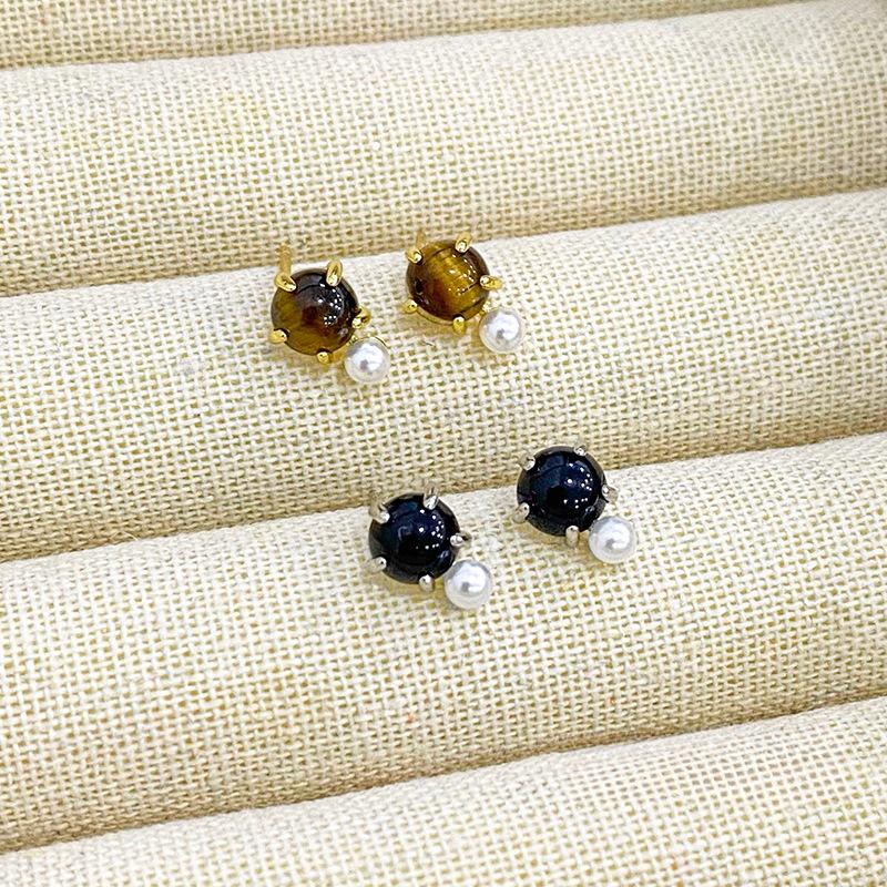 Exquisite Tiger-eye Stone Black Agate Pearl Earrings for Women Fashion New High-end Earrings