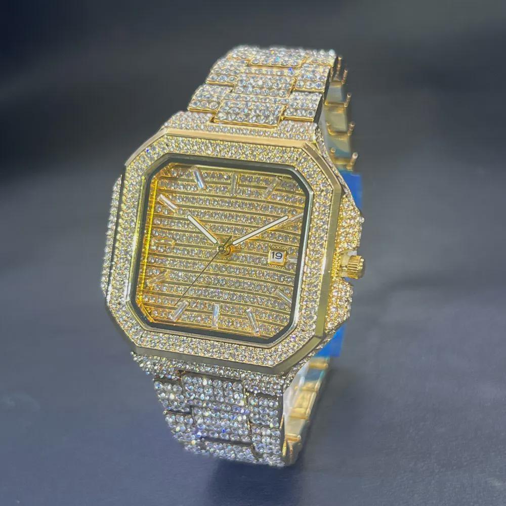 Watch For Men Luxury Gold Square Men's Wristwatch Alloy Strap Full Diamond Business Quartz Watch For Man Clock Gifts