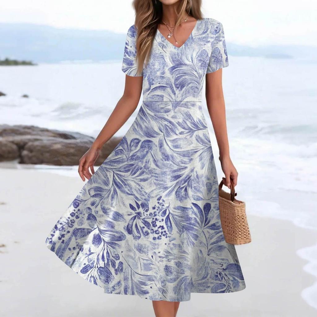 Women's Summer Casual Fashion Print Pocket Short Sleeve V-Neck Swing Dress