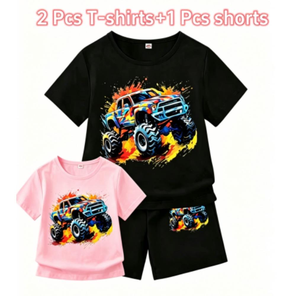 Cartoon Car Print Outdoor Street Kids T-shirt and Shorts Summer Home Casual Outfit Boy and Girl's Sports Set