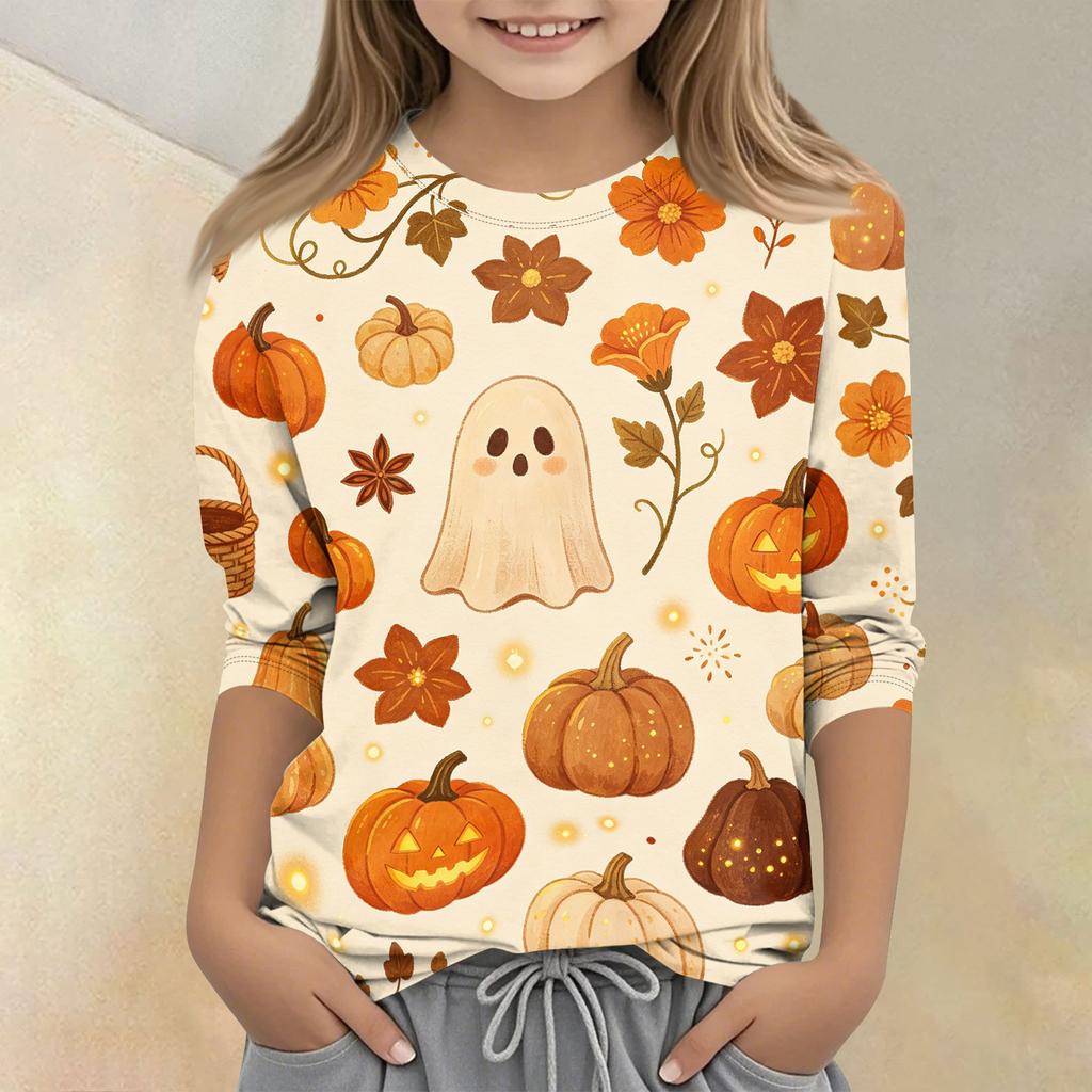 Kids Halloween Print Crew Neck Three Quarter Sleeve Casual T Shirt Top Boys Girls Comfortable Fit Soft Fabric Seasonal Wear
