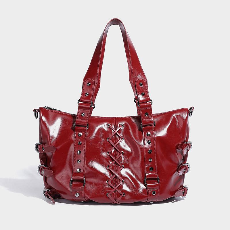 Studded Vintage Handbag Luxury Glossy Pu Women's Handbag Stylish Lace-up Motorcycle Bag New Punk-style Large Capacity Tote Bag