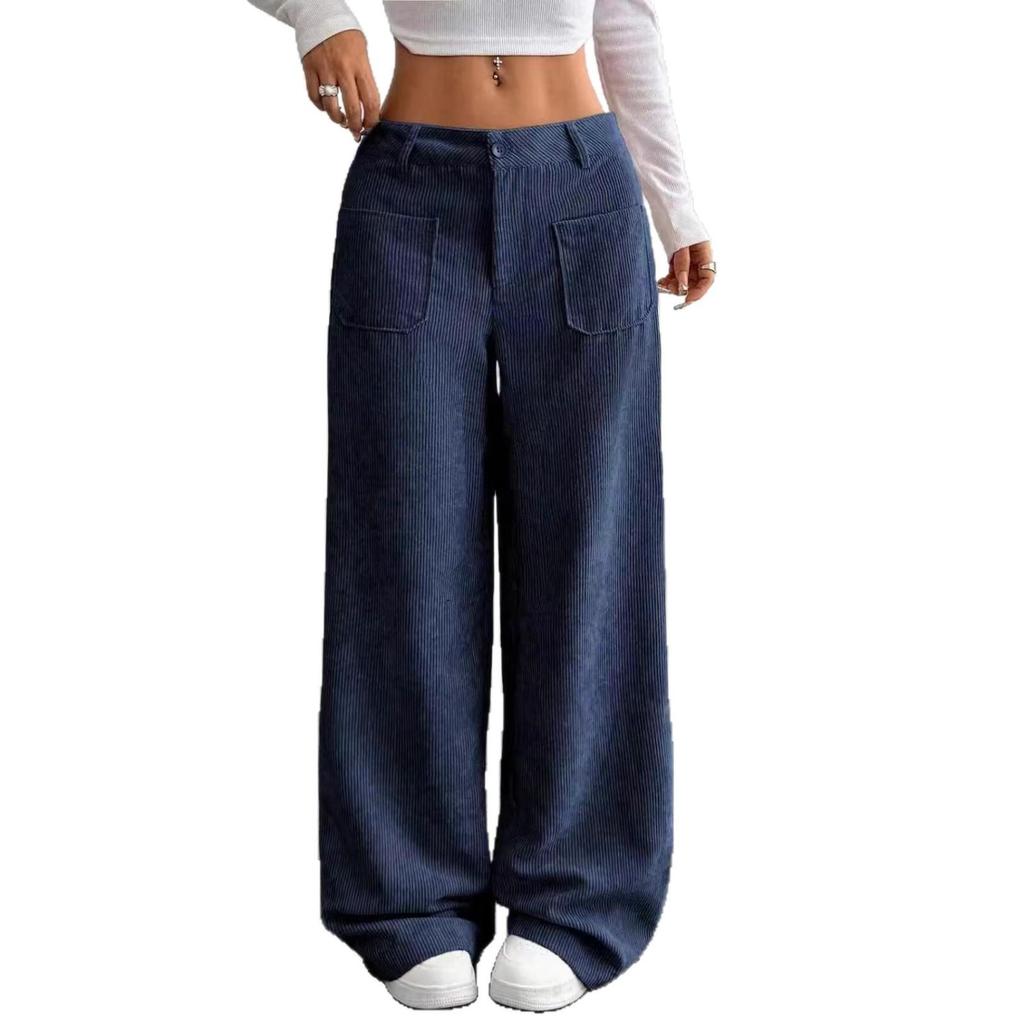 Europäische/Amerikanische Damen Casual Bodenlange Weitbeinige Hose mit Vorder-/Gesäßtaschen, Einfarbig