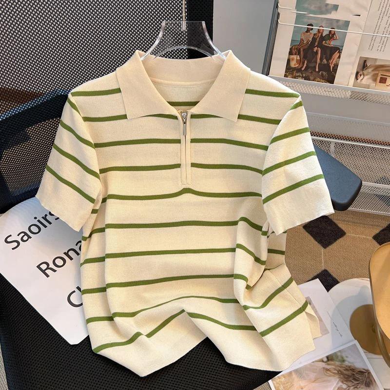 

New All Match Lapel Striped Short Sleeved T-shirt for Women in Summer, Zipper Contrasting Color Ice Silk Casual Top S зелений