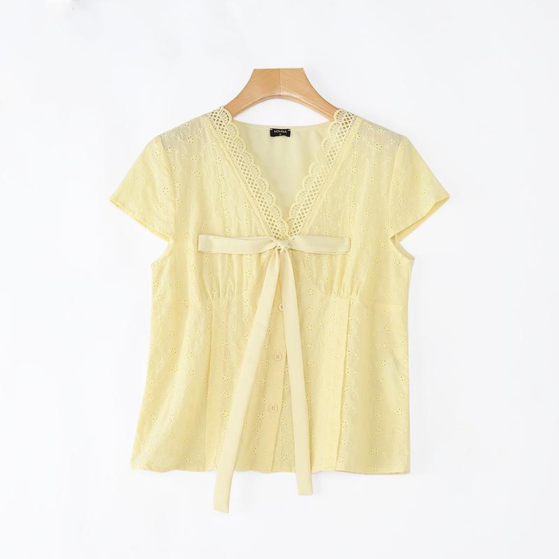 VONDA Women V Neck Short Sleeve Embroidery Buttons Up Crochet Lace Casual Blouse