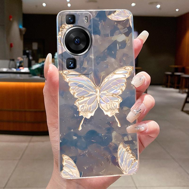 Für Huawei P60 Pro 2023 p60pro Hülle Cover Luxus Mode Schmetterling Blumen Transparent Weiches TPU Fundas Für Huawei P 60 P60 Pro Hülle