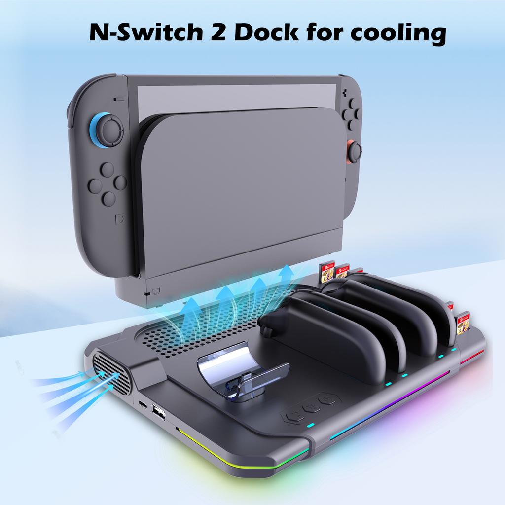 Wielofunkcyjny stojak chłodząco-ładujący SW2139 dla Switch 2 z wentylatorem chłodzącym, 10 slotami na karty do gry i oferujący 9 regulowanych efektów świetlnych