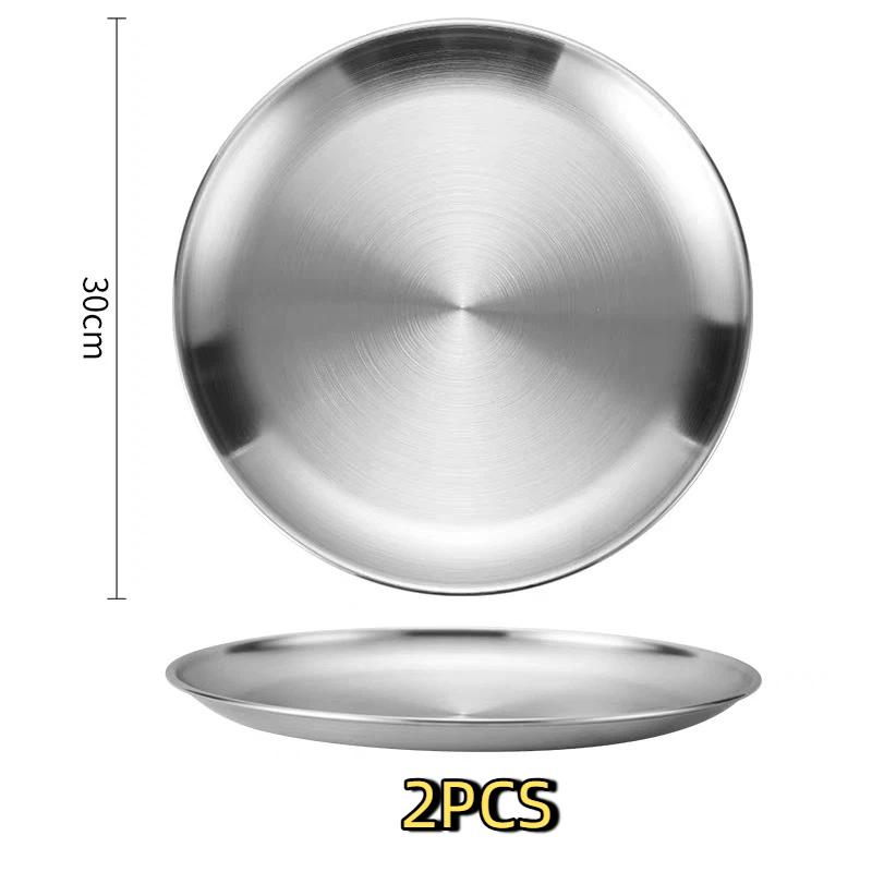 2Pcs Silver Stainless Steel Round Plates Rust Proof Food Safe Dinner Dishes for Home Outdoor BBQ Camping Picnic