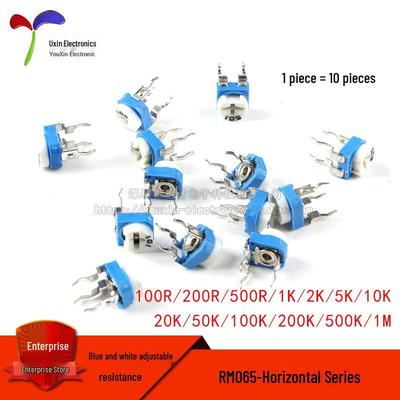 Horizontal RM065 Adjustable Resistor, Blue/White, 10K To 100 Ohm, 102/103/203/104