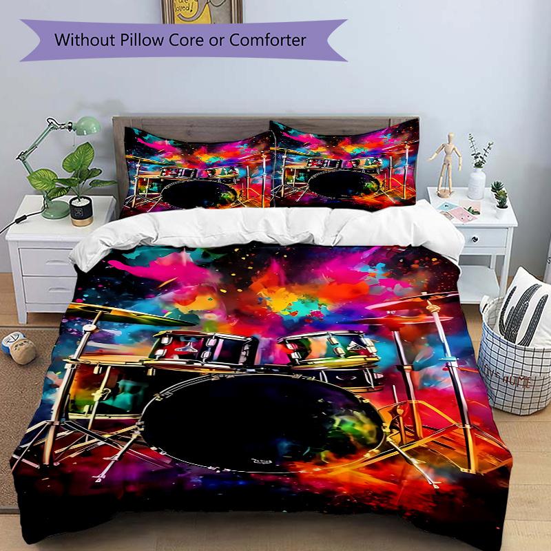 

3pcs Colorful Drum Set Print Comforter Set with One Quilt Cover and Two Pillowcases (No Core) - Festival Gift for Home Decor, Anime Cartoon Design, Po 135x200cm