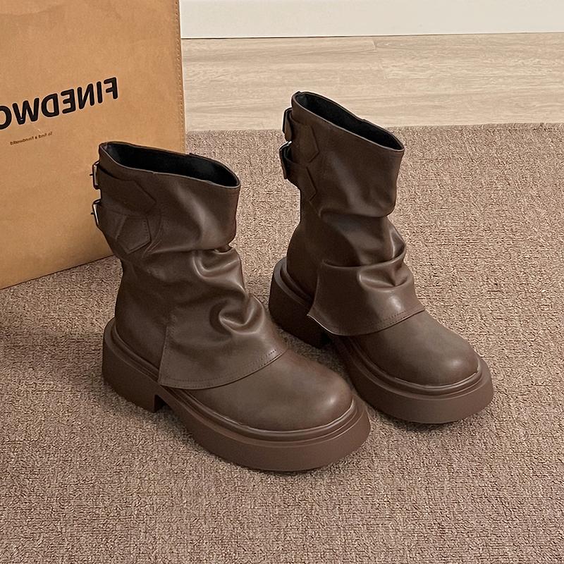 Cosy Soft Leather Women Western Cowboy Boots Fashion Thick Heels Slip On Shoes Ladies Modern Short Botas Para Mujer