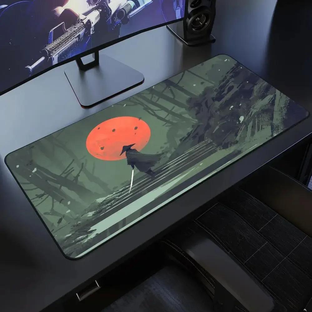 Japanese Samurai Mouse Pad Desk Mat XXL Black and White Gaming Keyboard Mat Large Oni Samurai Deskpad Ghost of Tsushima Mice Pad