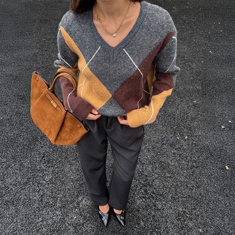 Podzim Zima V-výstřih Volný Ležérní Patchwork Svetr Pletený Top Ženy Jednoduchá Móda Vše-k-sebe Svetr