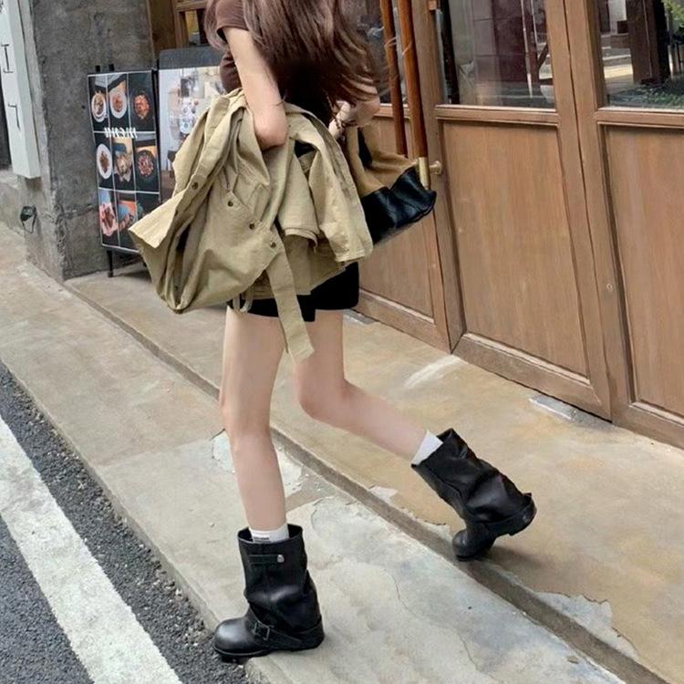 New Spot Wasteland Style Trendy Spice Girls Pants Pants Boots Pleated Buckle Band Thick Heel Short Boots Women's Vintage British Western Cattle