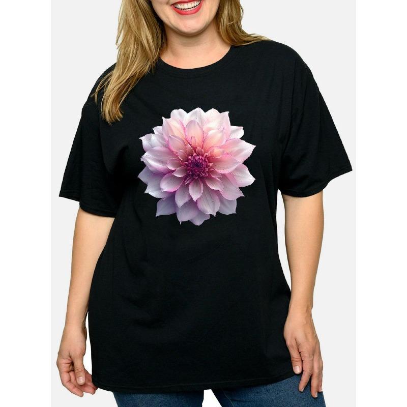 

European Size Women s Oversized Dahlia Print Crewneck T-Shirt-Soft Breathable Fabric, for Spring Summer Fall, Comfortable Clothing, Floral Fashion Tee 4XL чорний