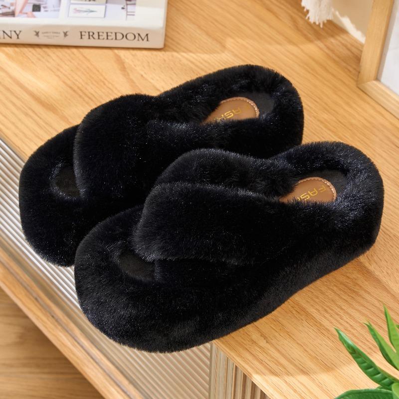 Crossed fluffy slippers women's outer wear new indoor home thick-soled fluffy plush shoes autumn and winter models