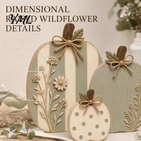 Handcrafted Seasonal Home Decor 3Pcs Wildflower Pumpkin Figurines, Farmhouse Fall Tabletop Decor, Rustic Pumpkins with Indoor Thanksgiving Fireplace