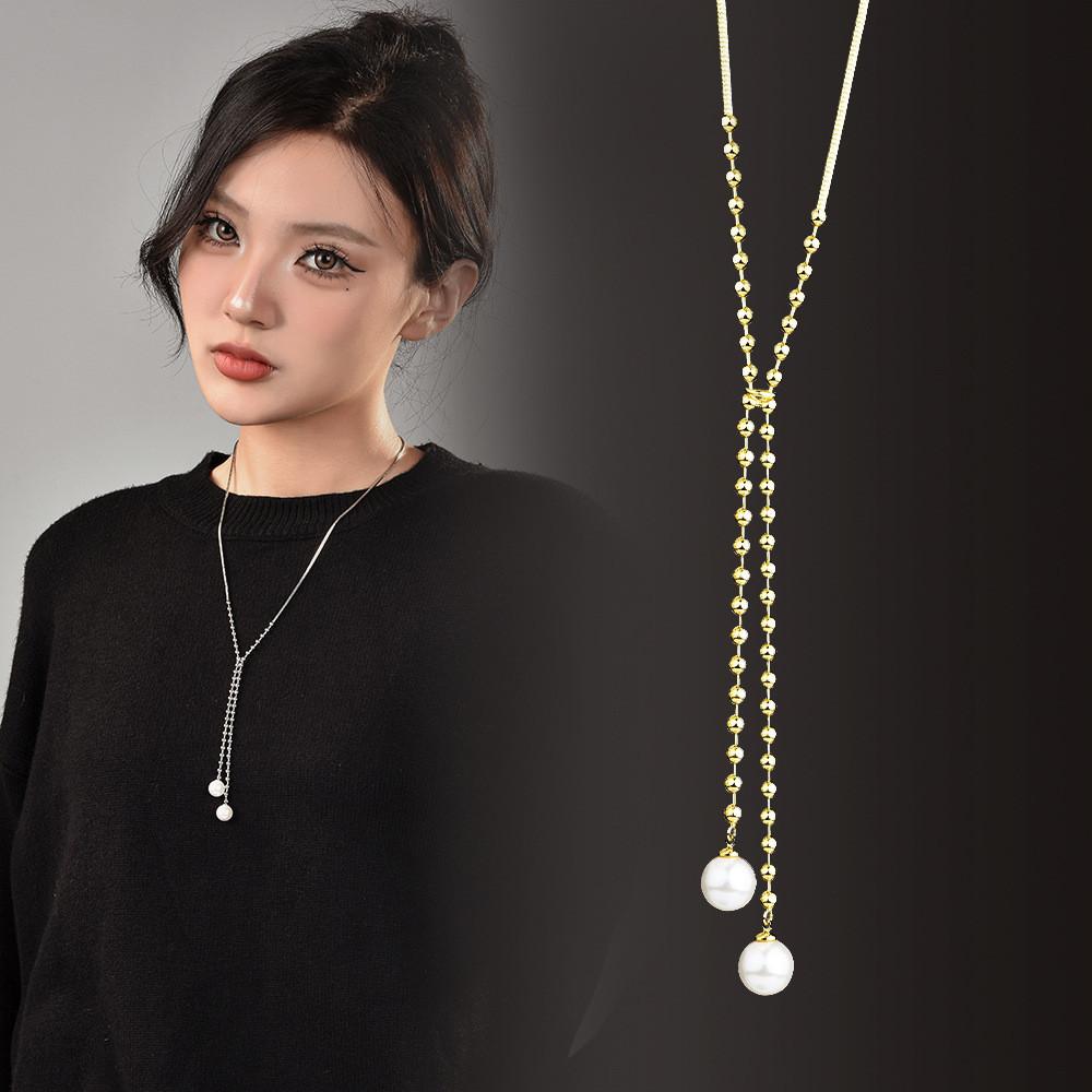 Elegant Geometric Pearl Pendant Titanium Steel Necklace For Women With Gold Plating Stylish Design For Fall 2024 Fashion Trends