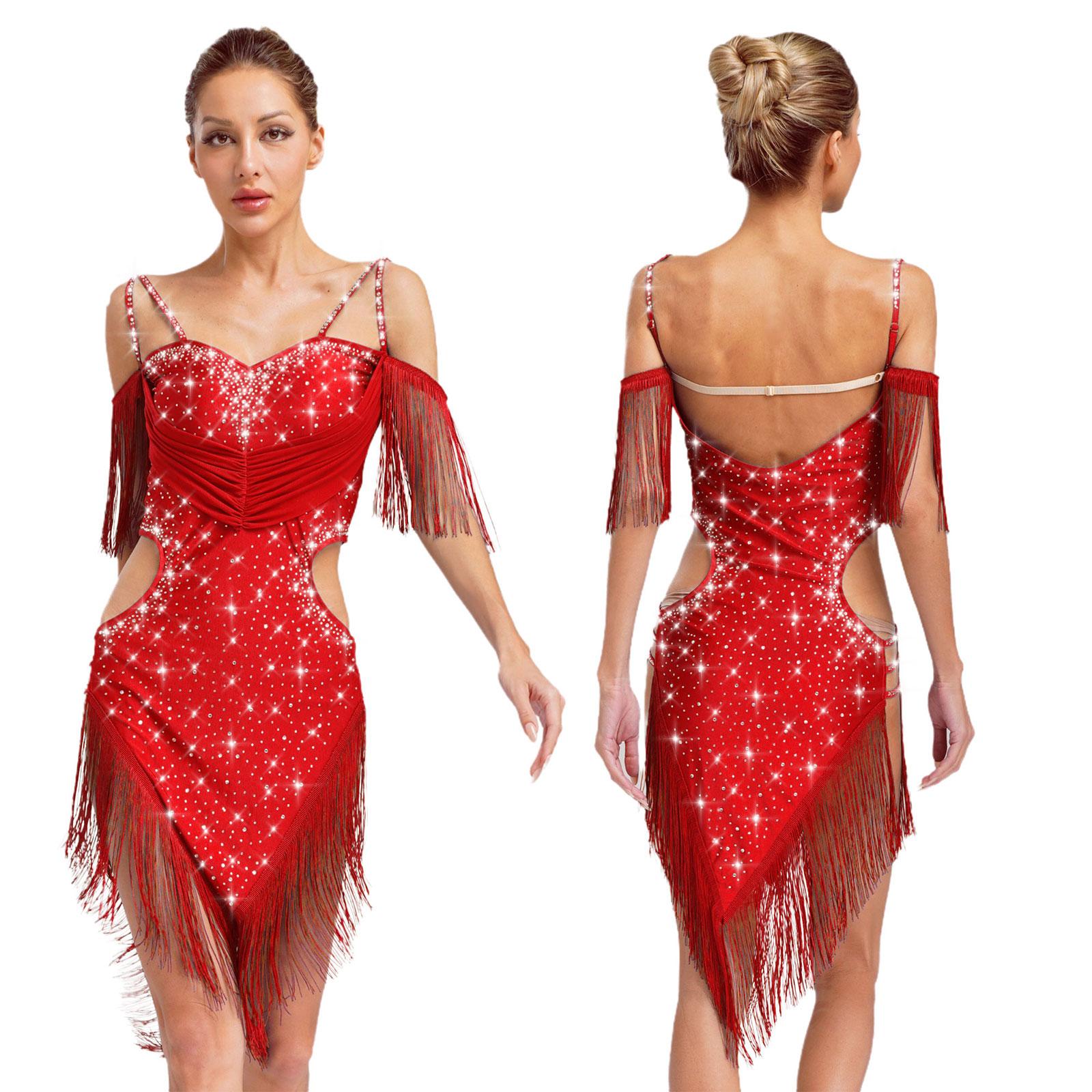 Women Latin Dance Cha-Cha Samba Tango Ballroom Dress Sleeveless Rhinestone Cutout Fringe Dress Professional Competition Costume S