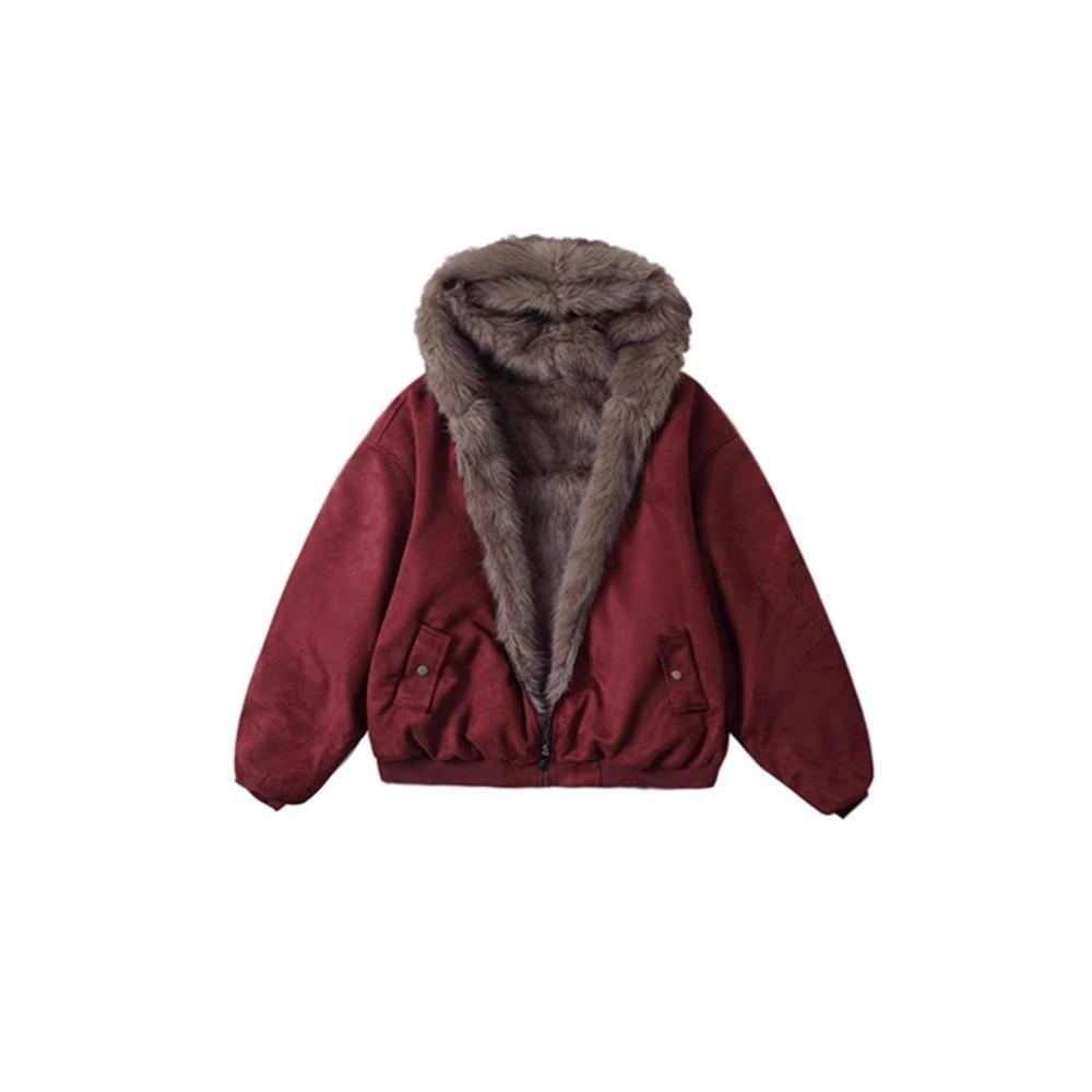 Cappotto da Donna Oversize Double-sided con Cappuccio Foderato in Ecopelliccia Giacca Zip Up Calda Invernale Larga Casual Capospalla