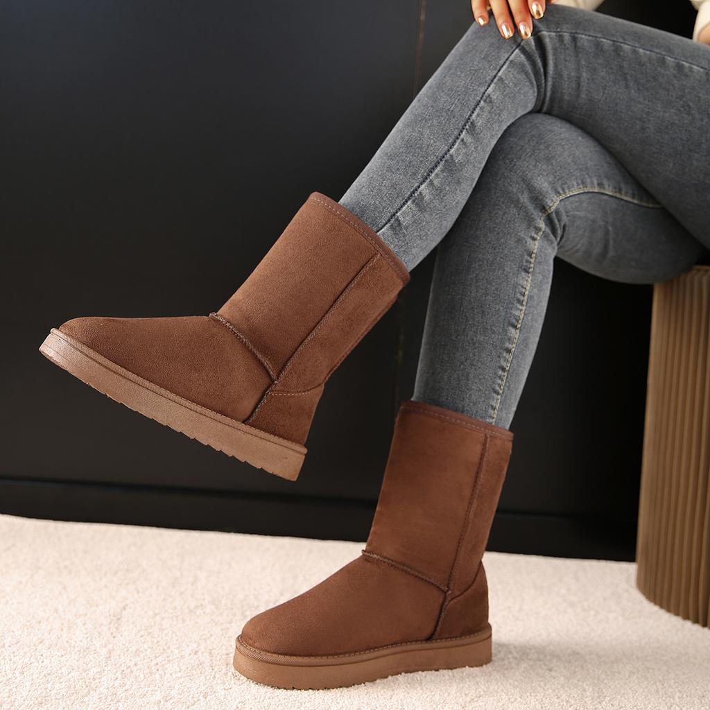 Women's New Autumn Winter Faux Short Fur Slip on Round Toe Flat Rubber Mid Calf Snow Boots