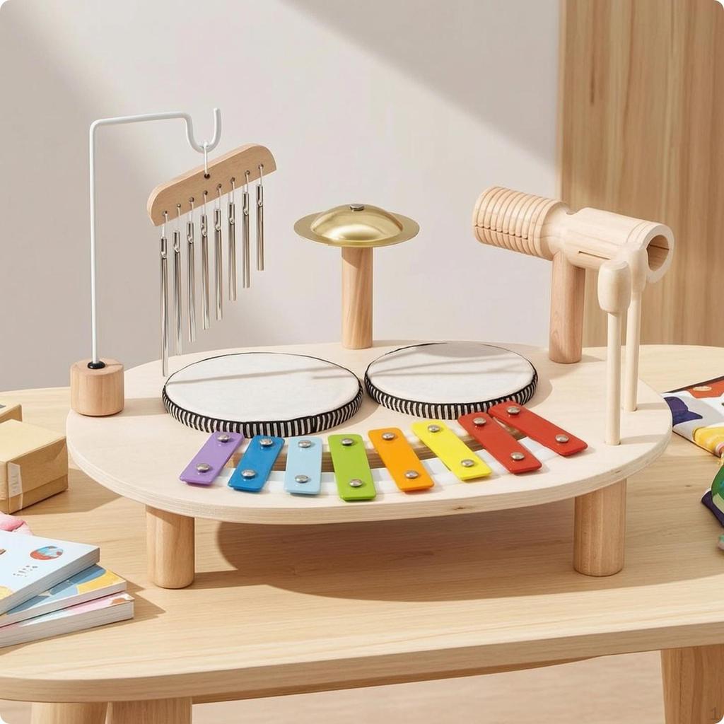 Musical Activity Table Wooden Toy Drum Set with Xylophone Young Child
