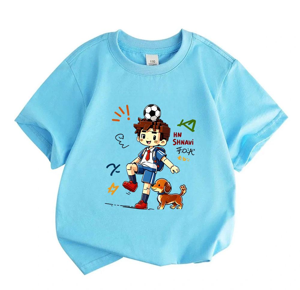 Cute Block Style Boy Soccer Dog Print Kids T Shirt 100% Cotton Casual Crew Neck Short Sleeve Tees for Boys Girls Soft Breathable Daily Wear Tops