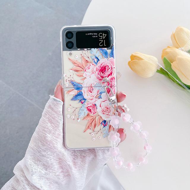 For Samsung Galaxy Z Flip 4 3 Case Beautiful Daisy Flowers Painted With Bracelet Transparent Shockproof Folding Hard Back Cover