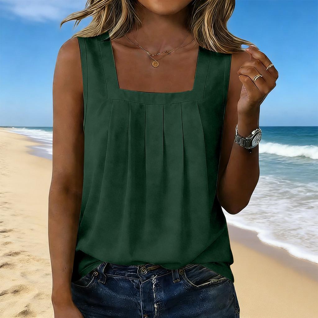 Women’s Square Neck Pleated Tank Top Sleeveless Casual Blouse Loose Fit Lightweight Pullover Shirt for Daily Wear