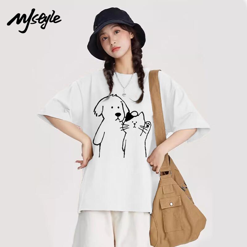 MJ STYLE Women's Cartoon Cat & Dog Cotton T-Shirt