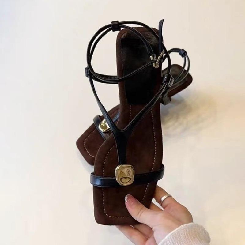 Fashion Retro Soft Leather, Summer Roman Shoes, Fairy-style Metal One-strap Square Toe High-heeled Sandals