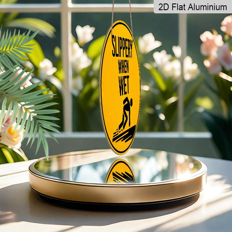 2D Flat, 1pc Round Aluminum Hanging Sign - "Slippery When Wet" Safety Warning Metal Wall Art, Yellow & Black Retro Caution Design, Perfect for Pool