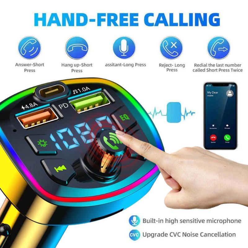 Car Bluetooth 5.0 Charger Dual USB 3.1A  PD 20W Type-C FM Transmitter Colorful Ambient Light Cigarette lighter MP3 Music Player