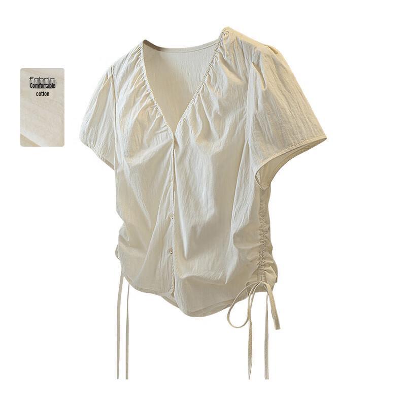 Women s V-Neck Drawstring Short Sleeve Blouse L