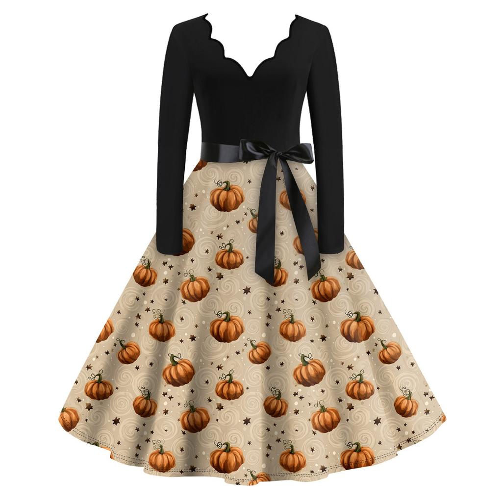 Women's Casual Fashion Long Sleeve Halloween Graphic Printed Vintage Long Dresses
