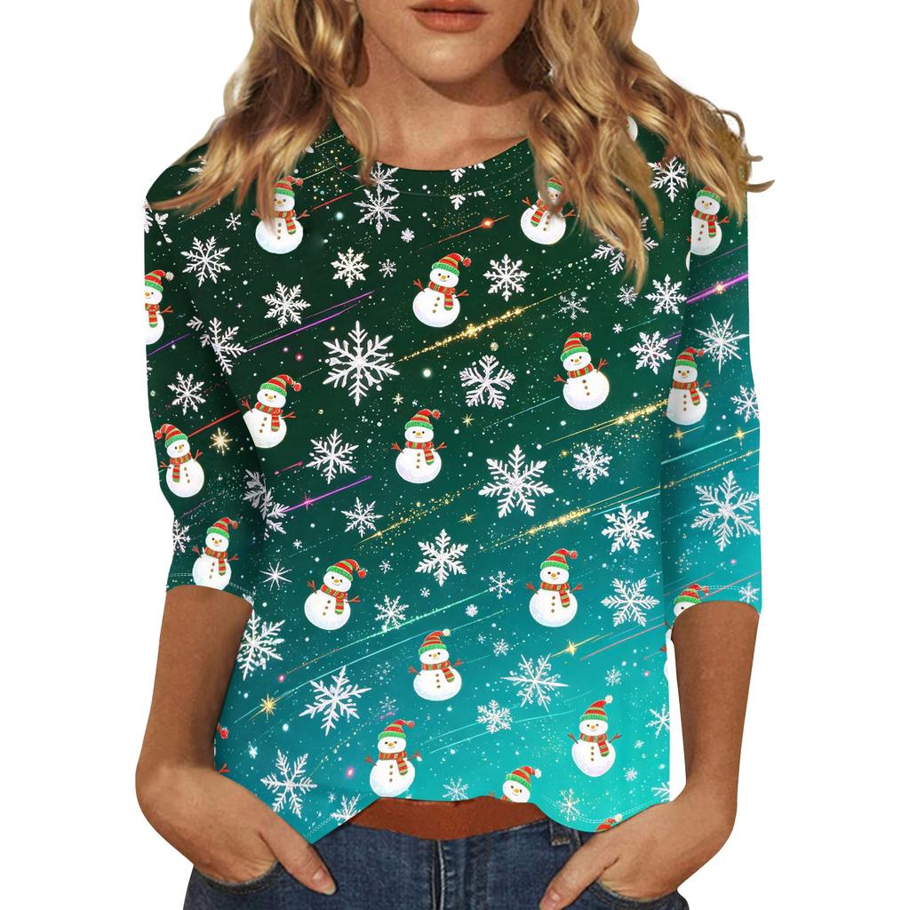 Women's Casual 3/4 Sleeve Round Neck Top with Christmas Print