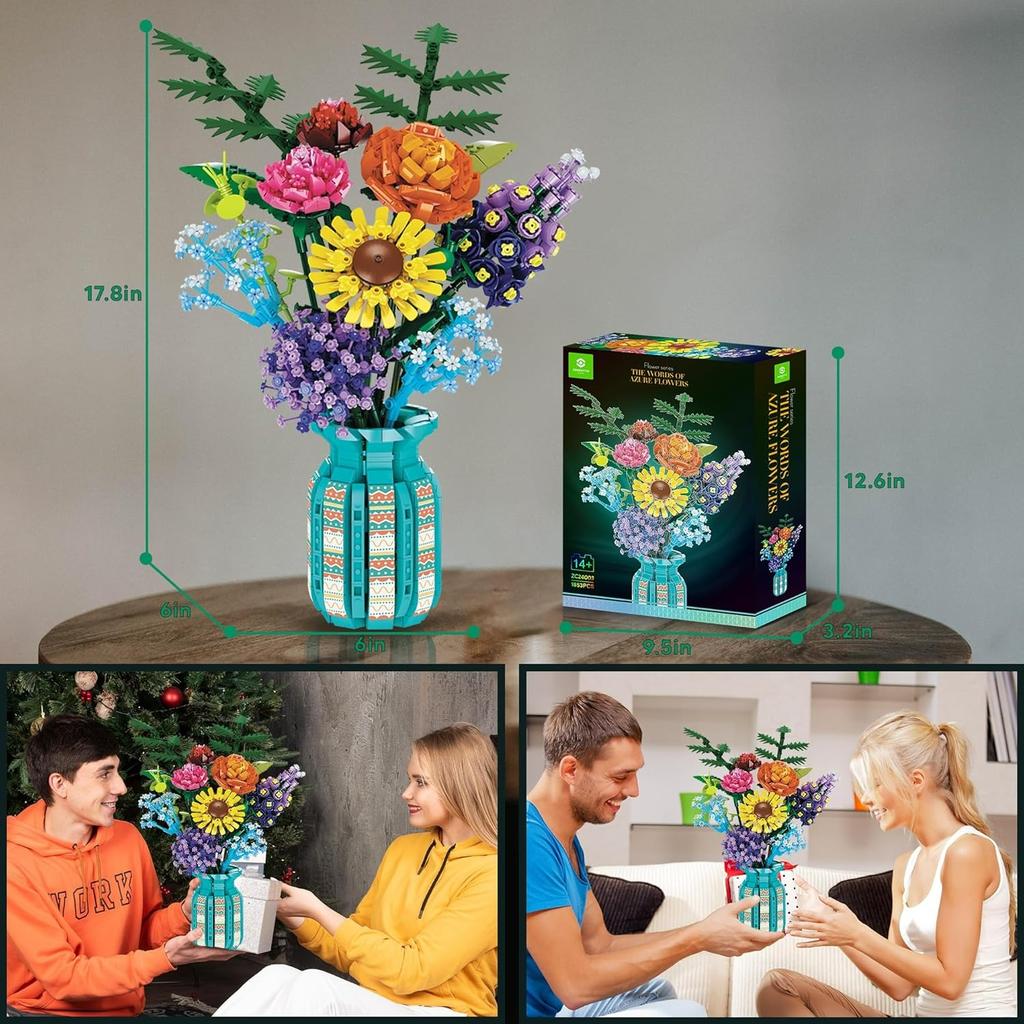 Flowers Bouquet Toys Building Blocks Set with Vase,Hydrangea, Artificial Plants for Adults, Teen Girls, Home, Office Decor- 1853pcs