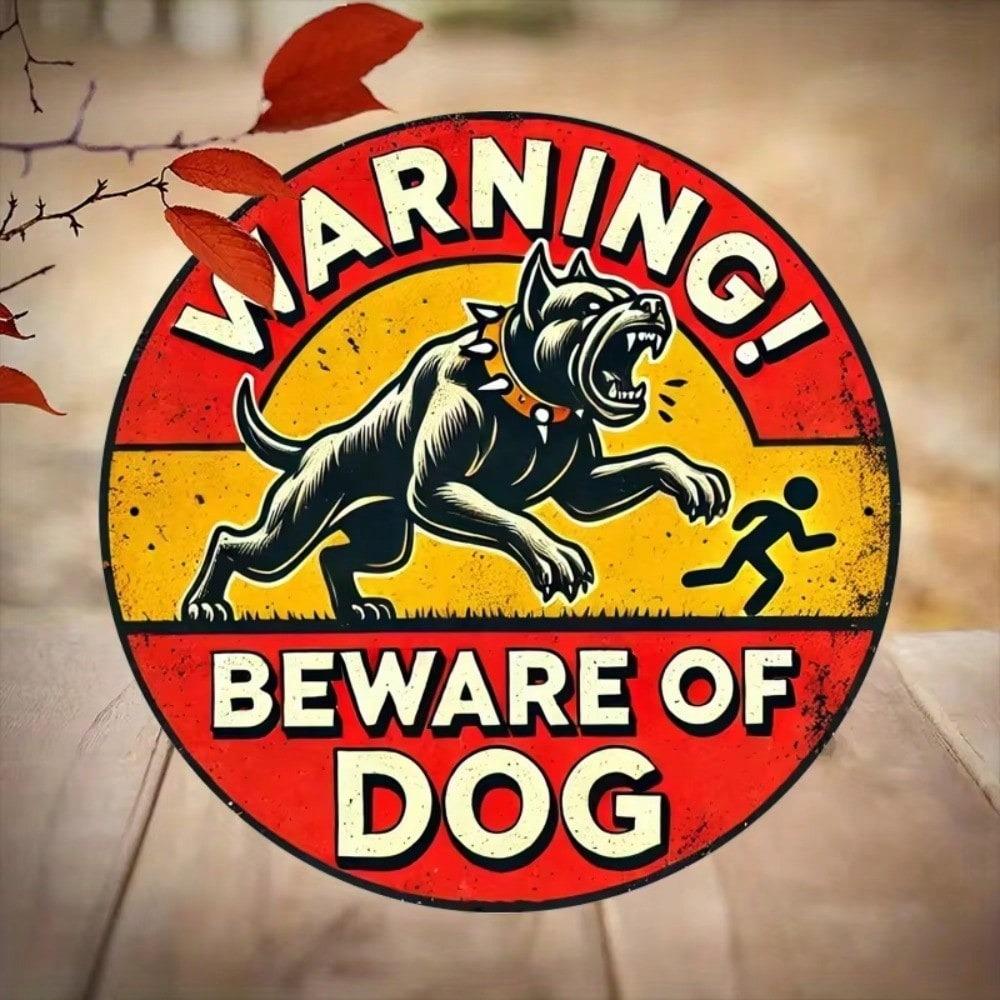 Vintage Beware of Dog Aluminum Sign Round Metal Wall Decor Home Art